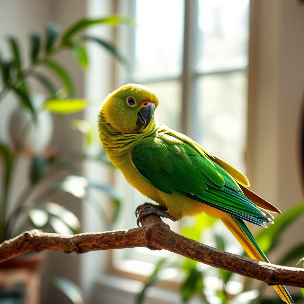 A small green baby parrot sitting on a branch showing baby parrot names inspiration