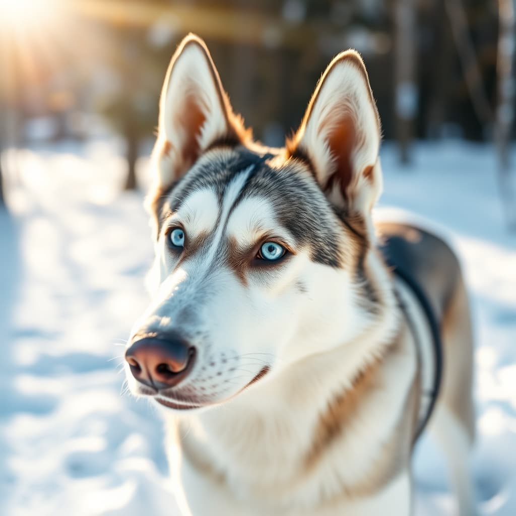 A close up photo of a blue-eyed Siberian husky surrounded by snow for husky names guide