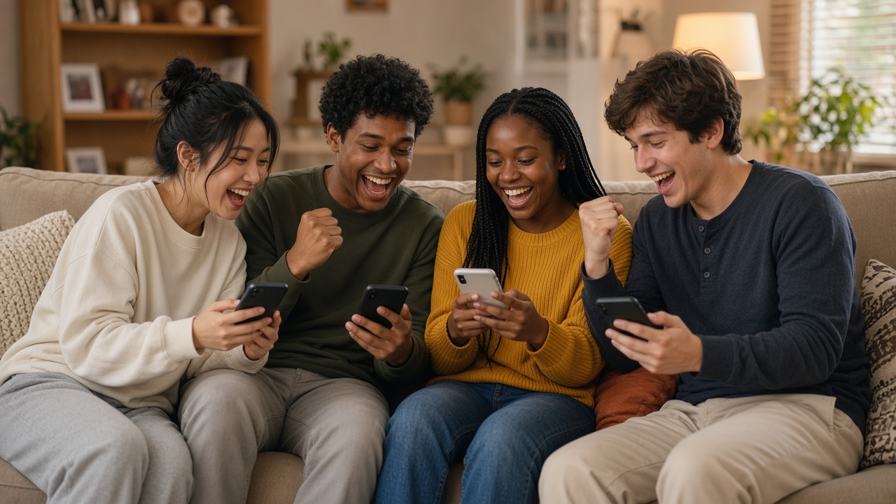 Friends celebrating a mobile battle royale win together