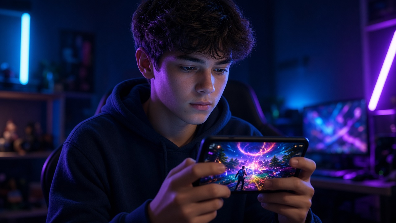 Gamer holding a phone with neon Free Fire style lobby glow